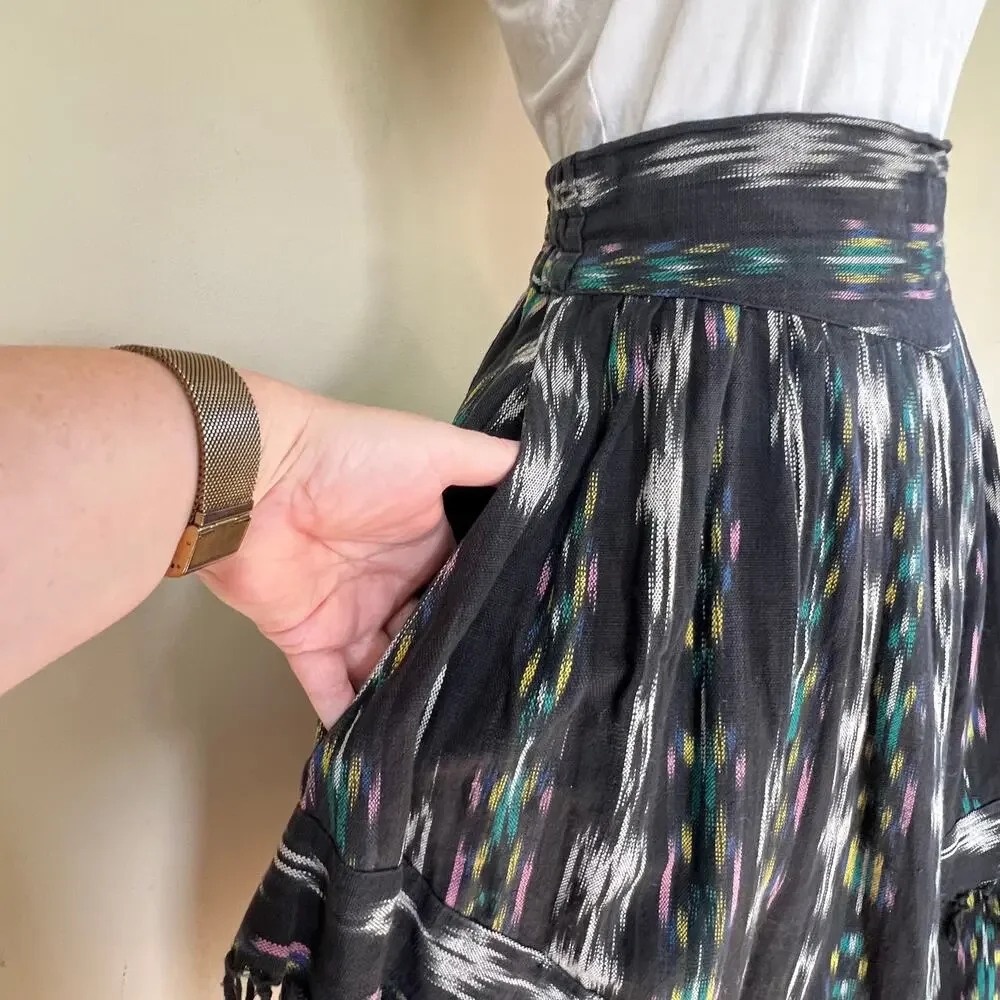 Vintage Ikat El Huarache skirt Sz M fringe Tiered Boho Gypsy Full ethnic 70s